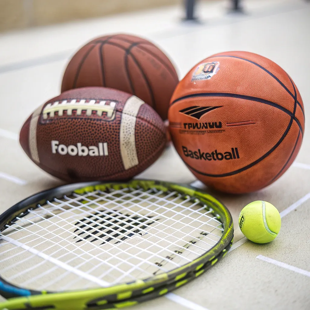 An illustration of sports equipment such as a football, basketball, and a tennis racket